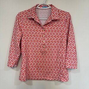 J Mclaughlin Top XS Catalina Cloth Collar Henley Button 3/4 Sleeve Geo Pink Red